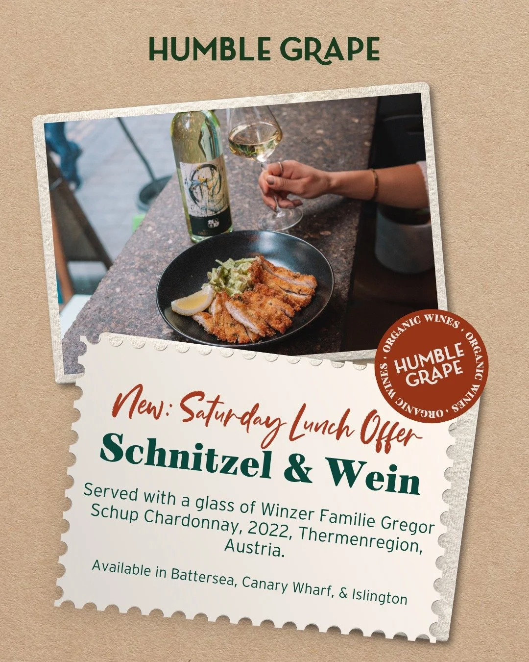 Swapping steak for schnitzel and red for white - our new Saturday lunch offer is here.
Schnitzel + Schup Chardonnay for &pound;20, every Saturday 12&ndash;4pm. ☀️

Available at Battersea, Islington, and Canary Wharf.