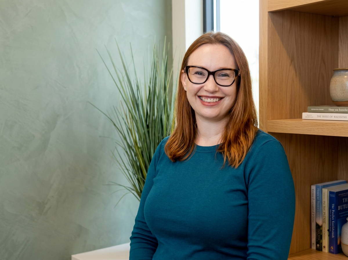 A smiling woman with red hair, wearing glasses and a teal long-sleeve shirt, standing indoors near a wooden bookshelf and a green wall, with a window nearby and a tall plant behind her.