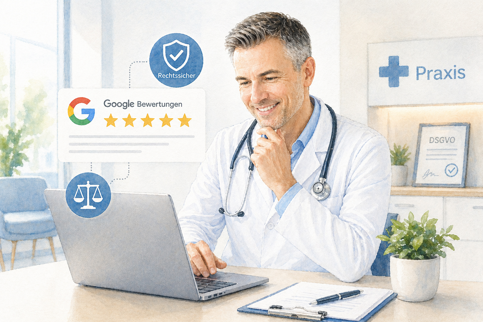 Ein Arzt sitzt am Schreibtisch und checkt am Notebook seine Google-Bewertungen