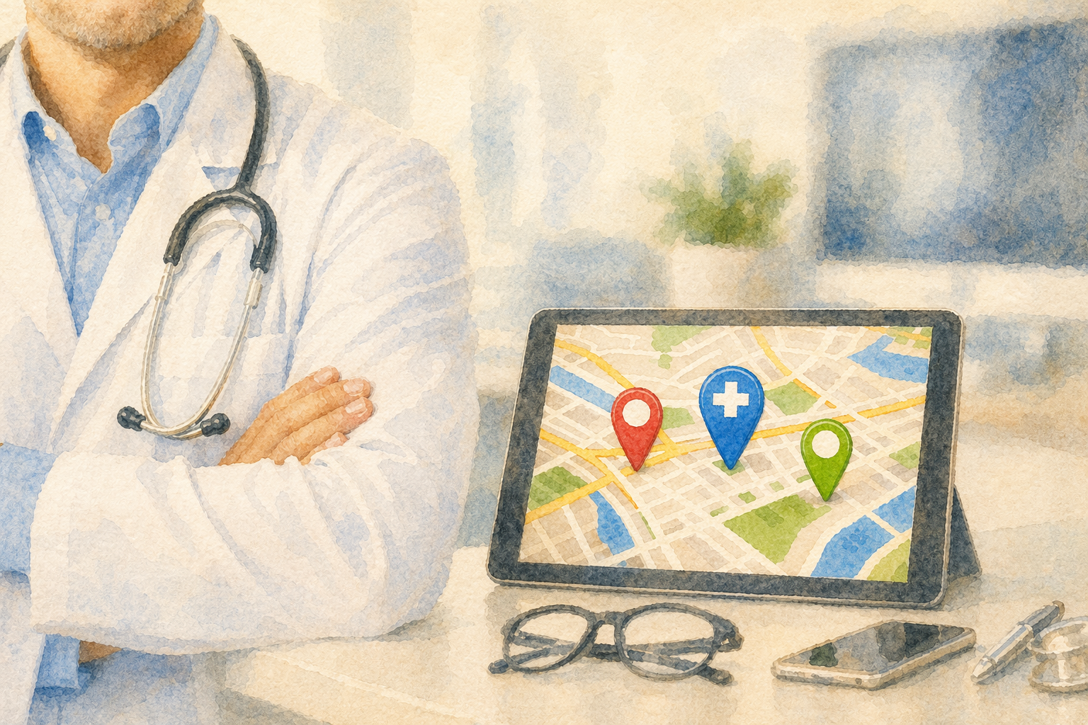 Illustration einer Arztpraxis mit Tablet und digitaler Kartenansicht zur lokalen Sichtbarkeit. Symbolbild für Praxismarketing, GEO und Auffindbarkeit in der Schweiz.