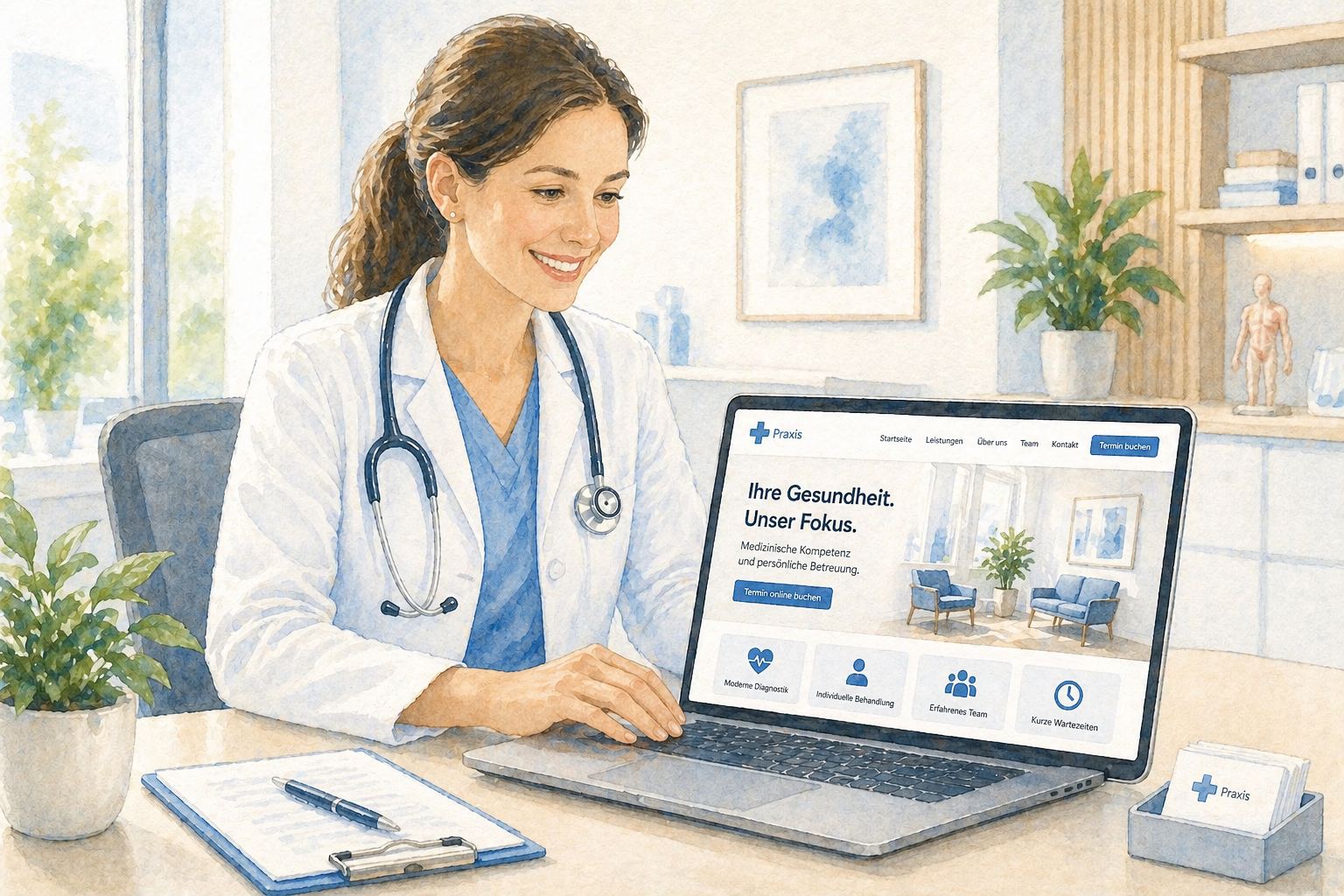 Lächelnde Ärztin im weissen Kittel mit Stethoskop arbeitet am Laptop in heller Praxis und betrachtet die Startseite ihrer modernen Praxiswebsite mit Online-Terminbuchung und übersichtlicher Navigation.