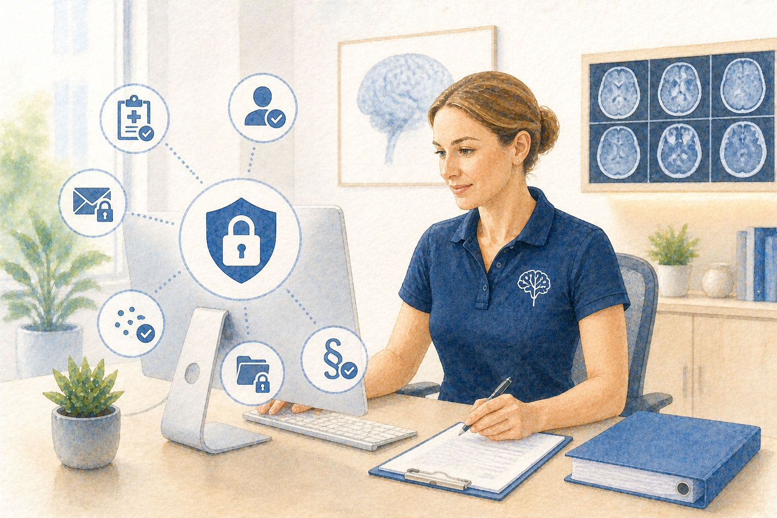 Ärztin im dunkelblauen Poloshirt arbeitet am Bildschirm und prüft revDSG-Anforderungen für die Schweizer Praxiswebsite – umgeben von Symbolen für Datenschutz, Verschlüsselung, Patientendaten und Sicherheitskonzepte.