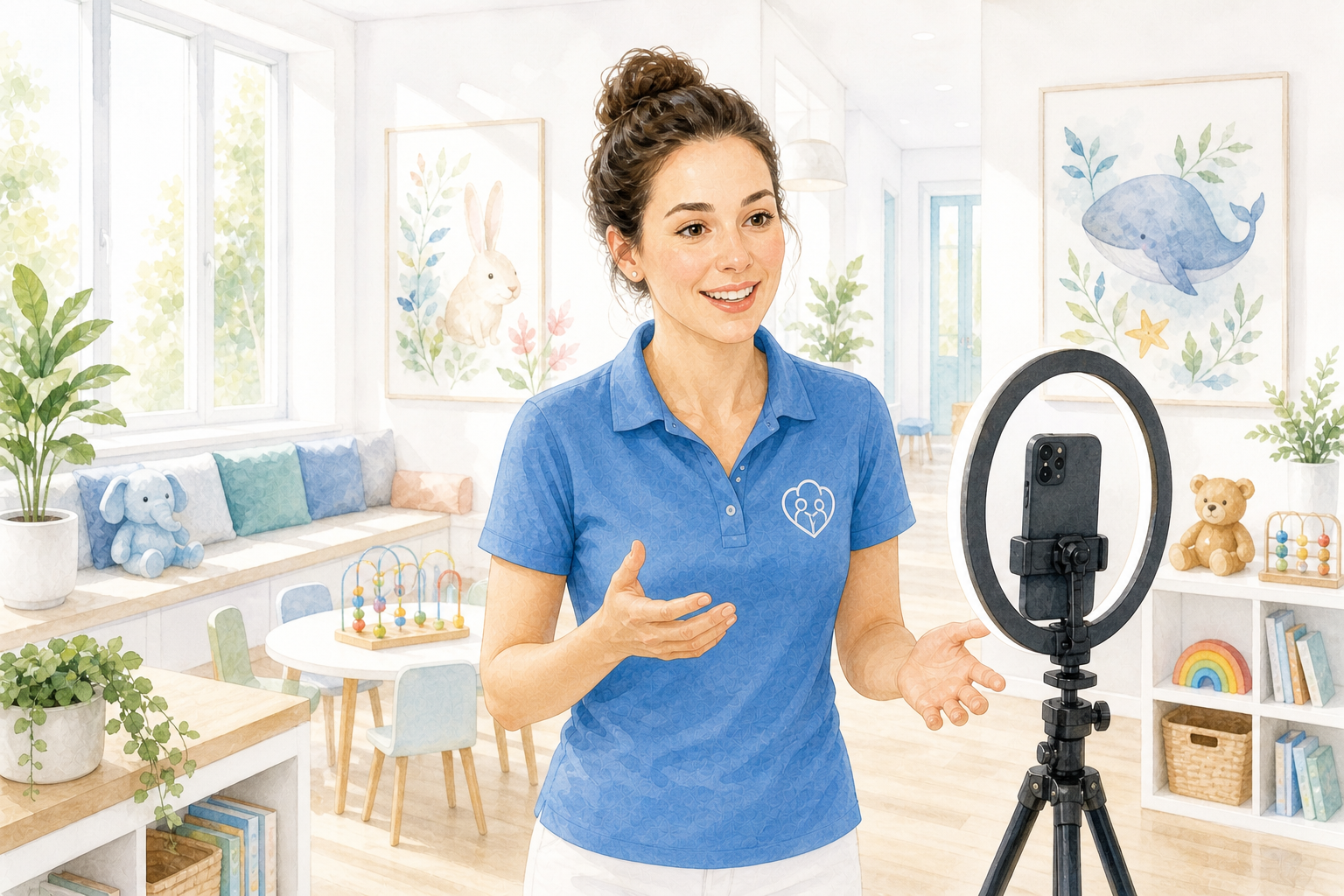 Ärztin im blauen Poloshirt nimmt ein Praxisvideo mit Smartphone und Ringlicht auf – sie spricht freundlich in die Kamera in einer modernen, einladenden Schweizer Praxis.
