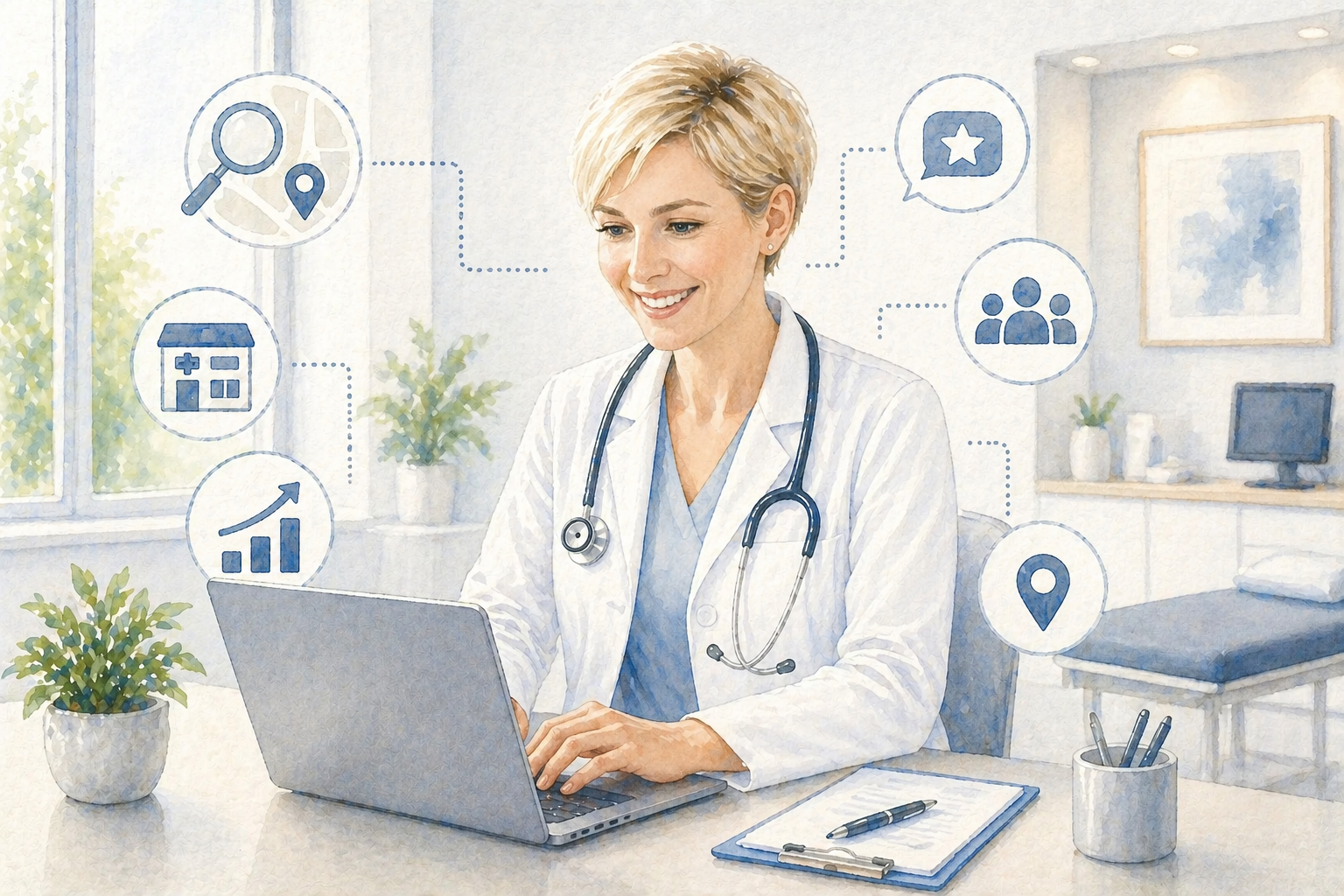 Lächelnde Ärztin im weissen Kittel arbeitet am Laptop und optimiert die lokale Google-Sichtbarkeit ihrer Praxis – umgeben von Symbolen für Suche, Standort, Bewertungen, Wachstum und Patienten.
