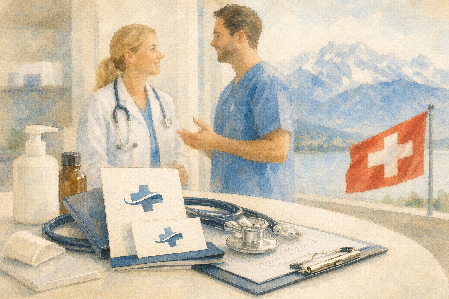 Ärztin und Arzt besprechen Corporate Design und Logo ihrer Praxis – Branding für medizinische Praxen in der Schweiz