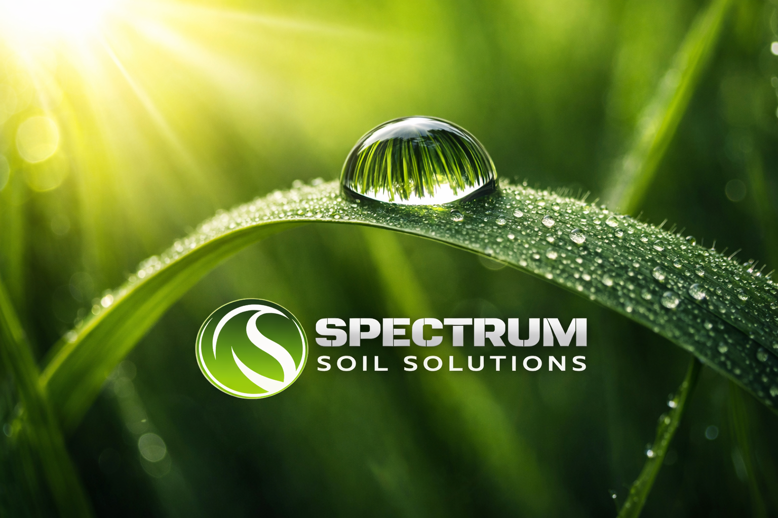 Close-up of a dewdrop on a green leaf with sunlight shining through, featuring the Spectrum Soil Solutions logo.