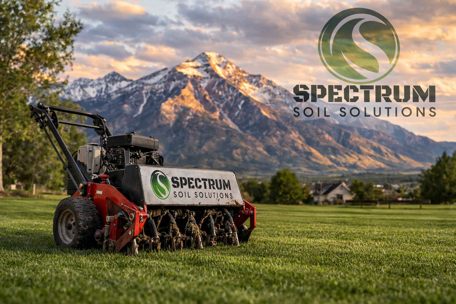 A landscaping machine with 'Spectrum Soil Solutions' logo in a grassy field with mountains and cloudy sky in the background.