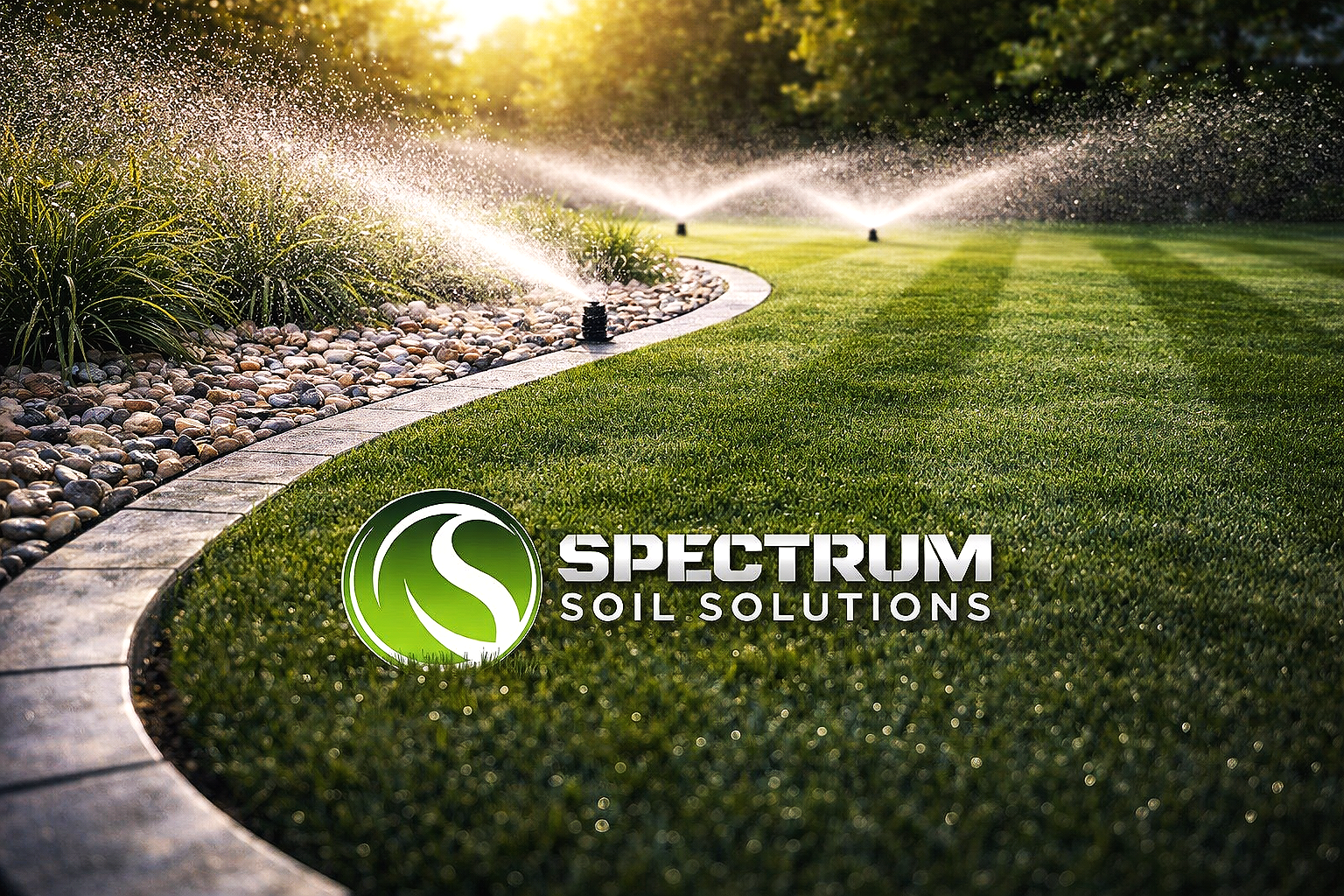 A well-maintained lawn with sprinklers watering the grass, bordered by decorative rocks and plants, with a logo for Spectrum Soil Solutions.