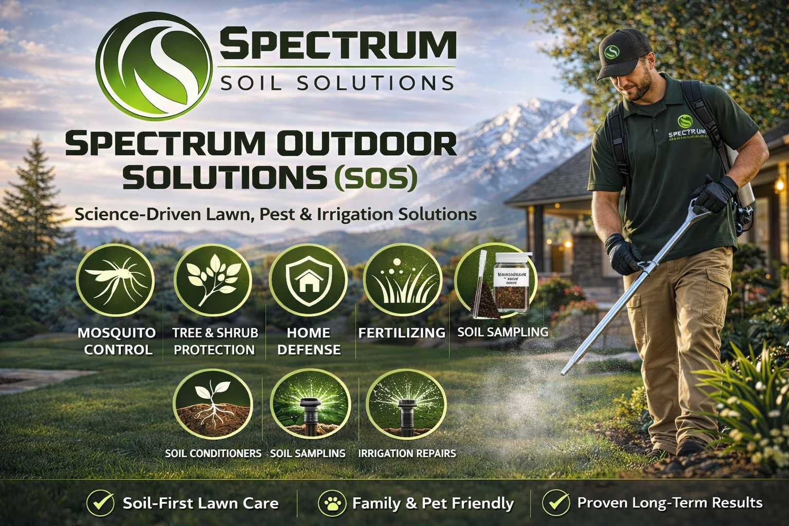 A man wearing a hat, gloves, and a green Spectrum Soil Solutions shirt is spraying soil in a garden during the day. The background features mountains and a house.