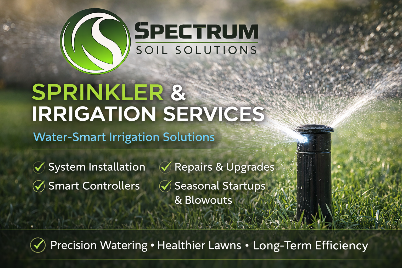 An advertisement for Spectrum Soil Solutions featuring a sprinkler watering a green lawn with the company logo at the top left. The main text in green and white promotes sprinkler and irrigation services, including system installation, repairs, upgrades, smart controllers, seasonal startups, and blowouts. A footer highlights benefits such as precision watering, healthier lawns, and long-term efficiency.