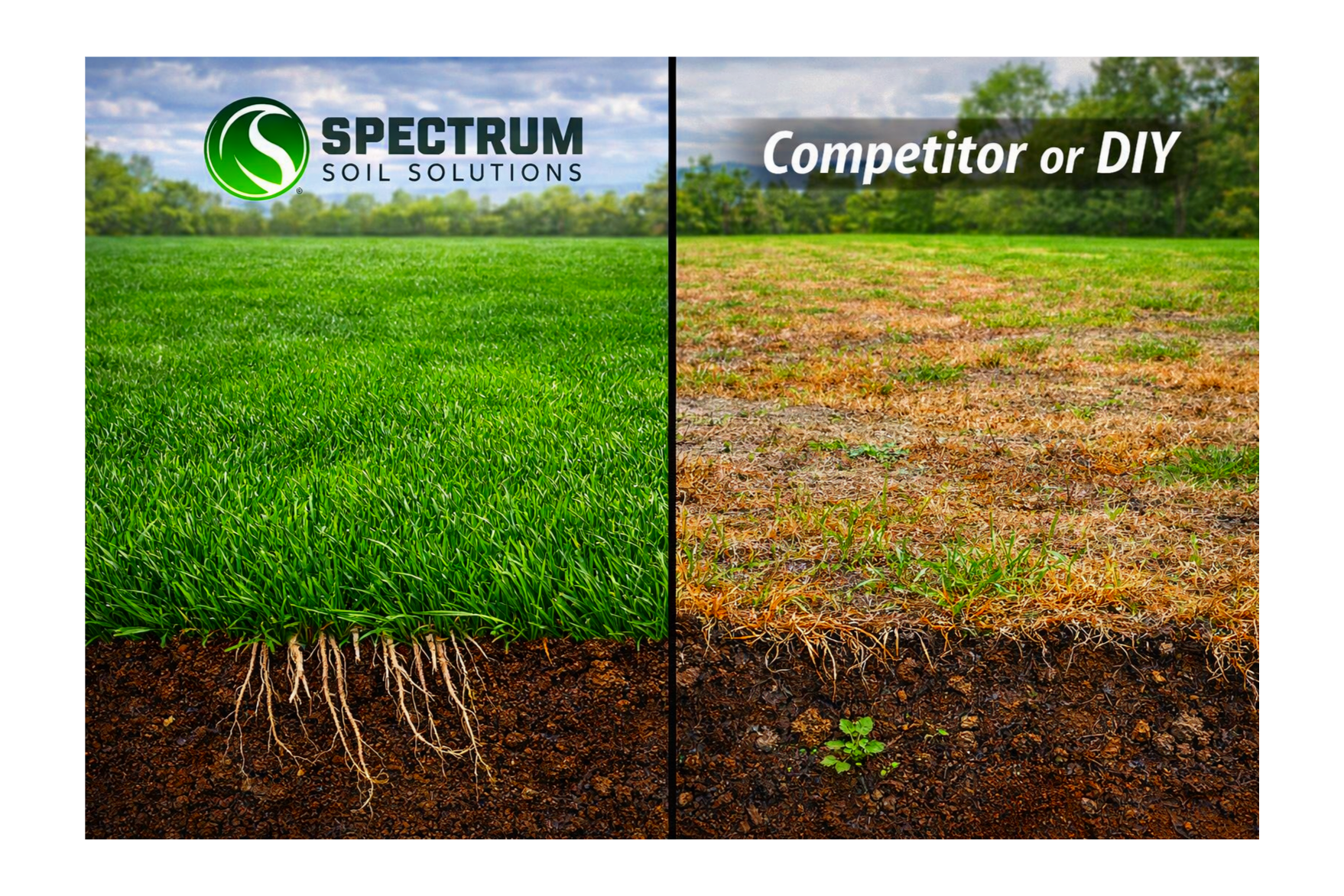 Comparison of healthy green grass with strong roots on the left and dry, patchy grass with limited roots on the right, illustrating soil health and soil solutions.