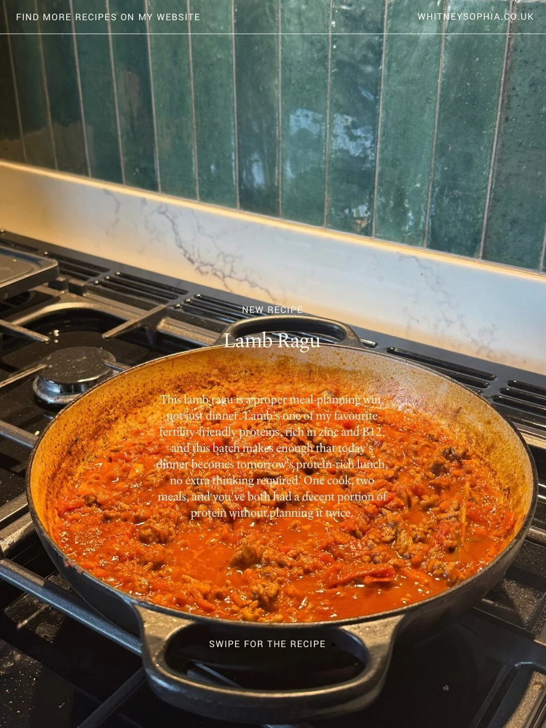 RECIPE OF THE WEEK: LAMB RAGU!

Ragu on the hob tonight, lunch sorted for tomorrow. That&rsquo;s the meal-planning principle I come back to again and again with couples, cook once, eat protein-rich twice. Lamb&rsquo;s one of my favourite fertility-fr