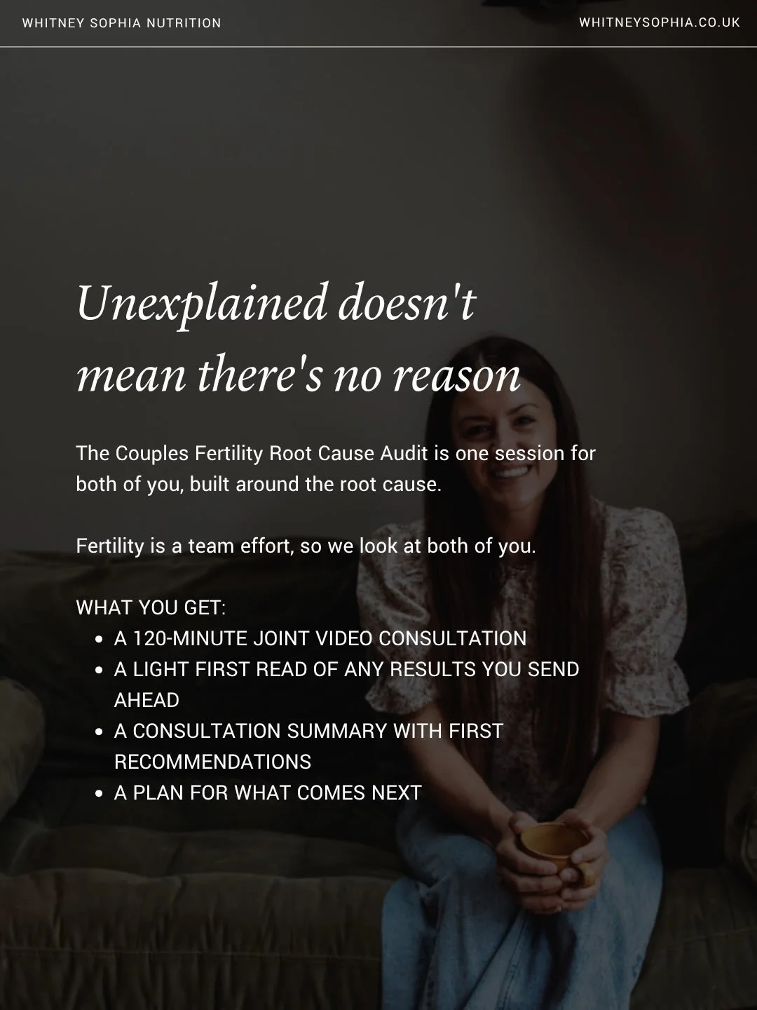 Unexplained doesn&rsquo;t mean there&rsquo;s no reason. The Couples Fertility Root Cause Audit is a 120-minute session for both of you, built around the root cause of what is happening. 

Link in my bio to book a Couples Root Cause Audit. 

Whitney x