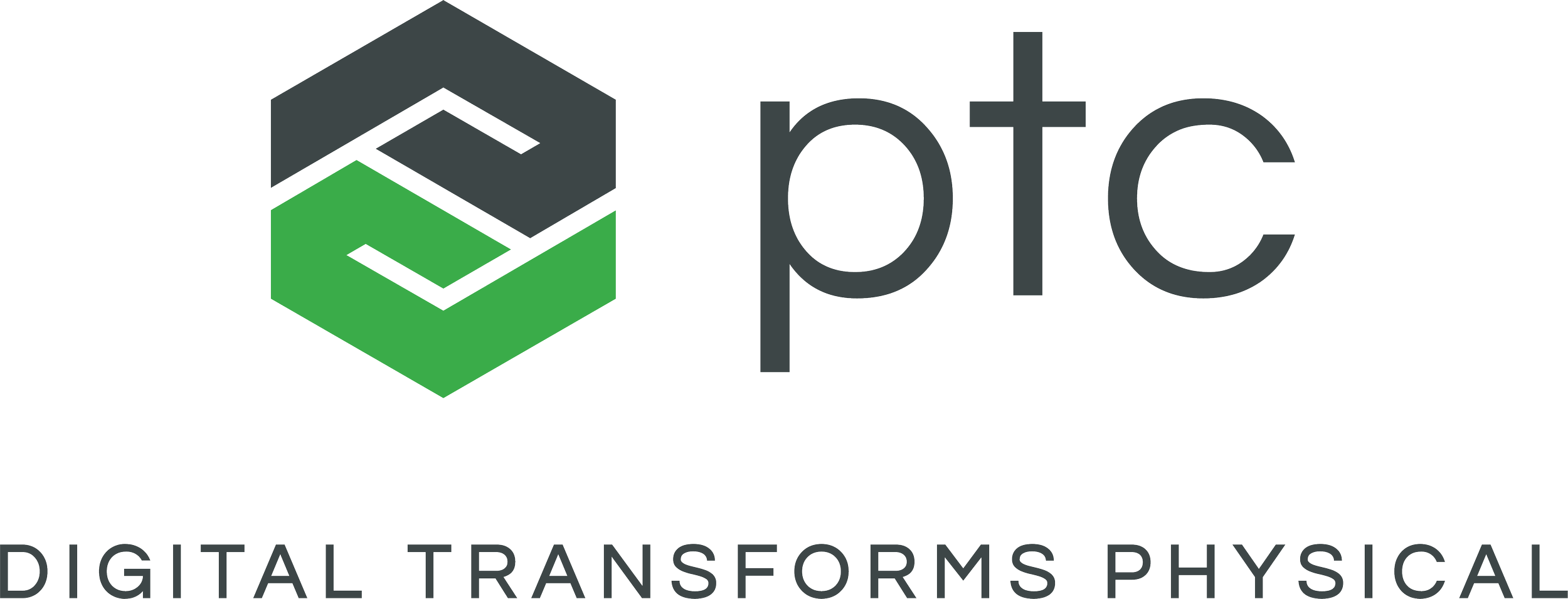 The PTC logo featuring a green and black hexagonal shape and the text 'ptc' with the slogan 'Digital Transforms Physical' underneath.