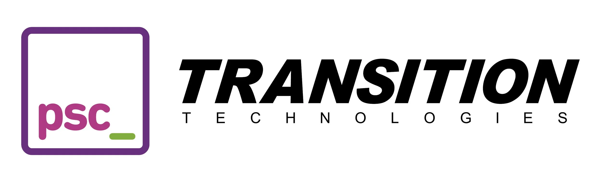 Logo for Transition Technologies with purple, black, pink, and green text.