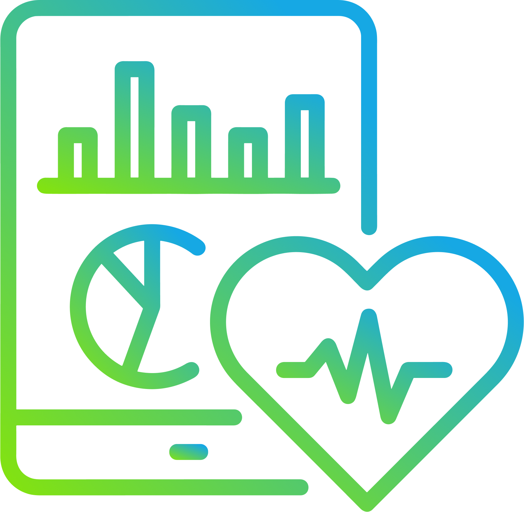 An abstract digital illustration with a computer monitor, a magnifying glass, and a pen, featuring bar and line graphs in green and blue colors.