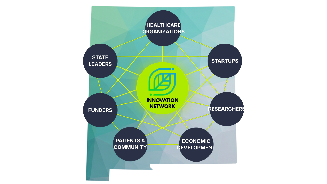 Diagram of an innovation network showing connections among healthcare organizations, startups, researchers, economic development, patients & community, funders, state leaders, all linked to a central green circle labeled 'Innovation Network' with a leaf and geometric shapes.