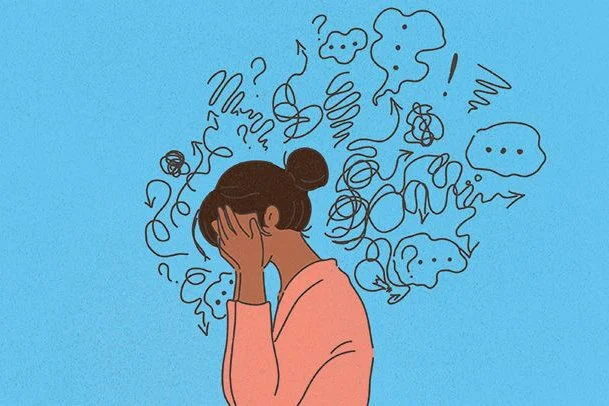 Illustration of a woman covering her face with her hands, surrounded by chaotic scribbles and thought bubbles, representing anxiety and overwhelming thoughts.
