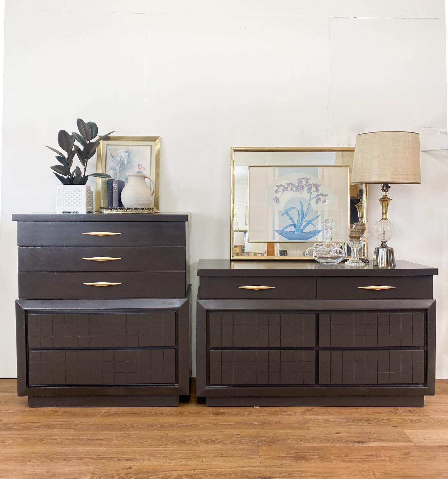 Another dresser set transformed and now available in the shop! We painted these MCM checkered beauties in a cocoa satin black, while keeping the original brass hardware for a fresh and modern look. What do you think of the new look? 

Low Cocoa dress