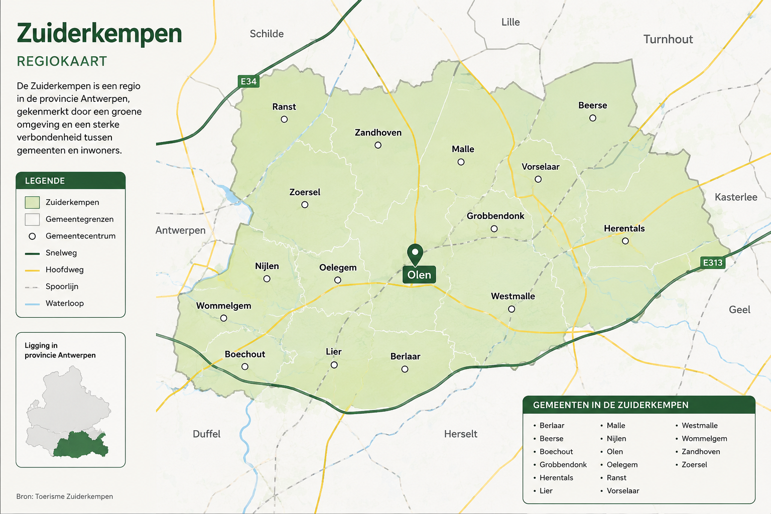 Kaart van de Zuiderkempen regio in de provincie Antwerpen, met gemeenten gemarkeerd en geboden wegen en waterlopen, inclusief locatie van Olen