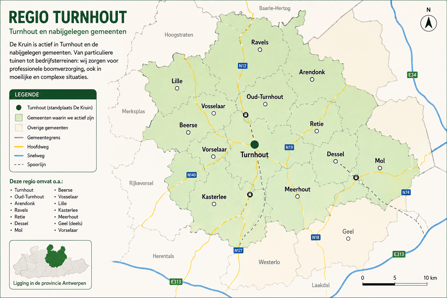 Kaart van de regio Turnhout met locaties en infrastructuur, inclusief wegen en gemeentegrenzen, met Turnhout als centraal punt.