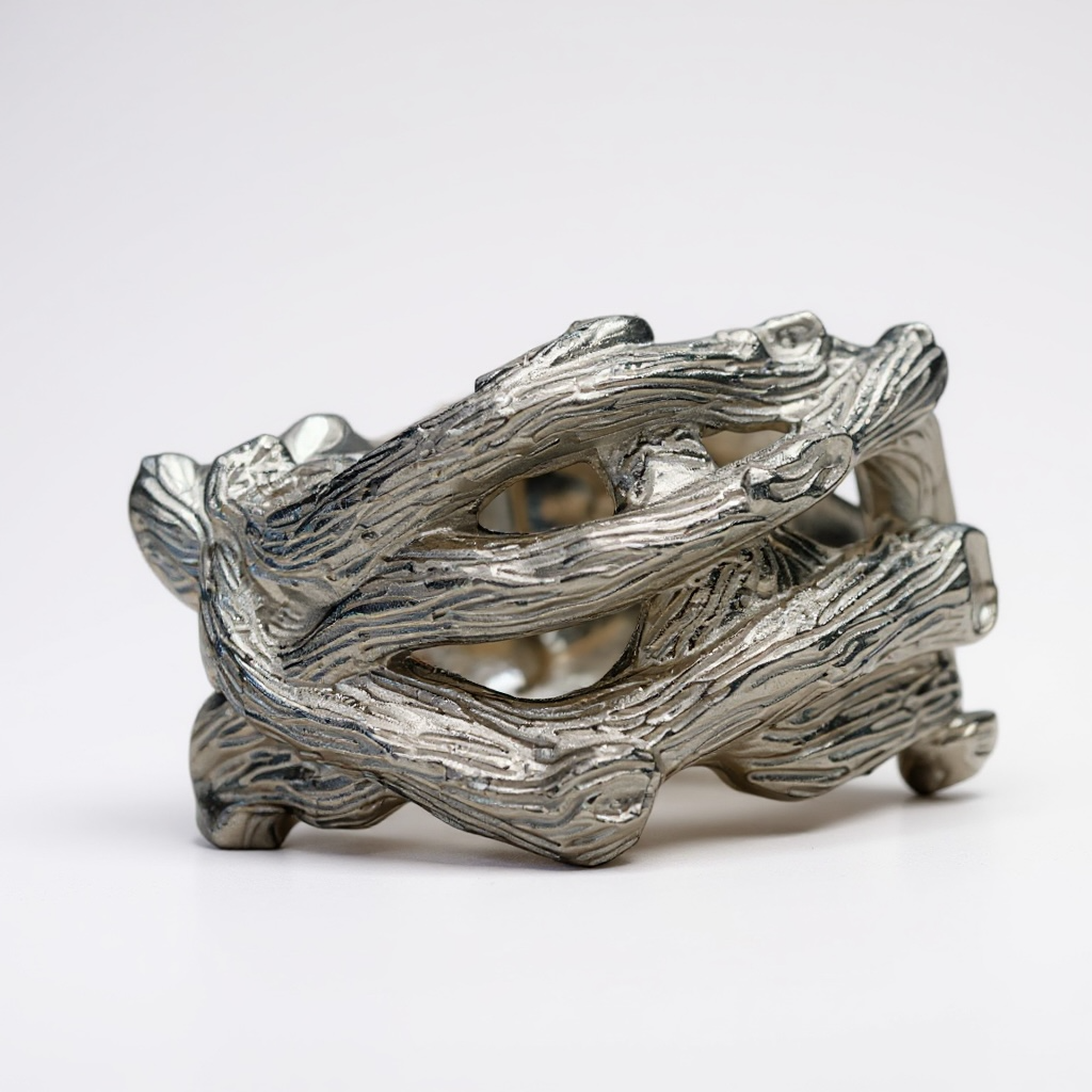 Silver metallic sculptural object resembling intertwined driftwood or branches on a plain white background.