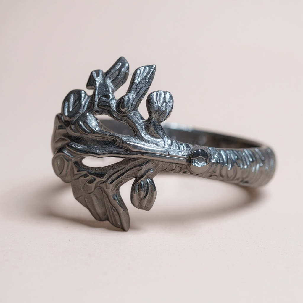 Close-up of a metallic ring with a dragon design on a plain beige background.