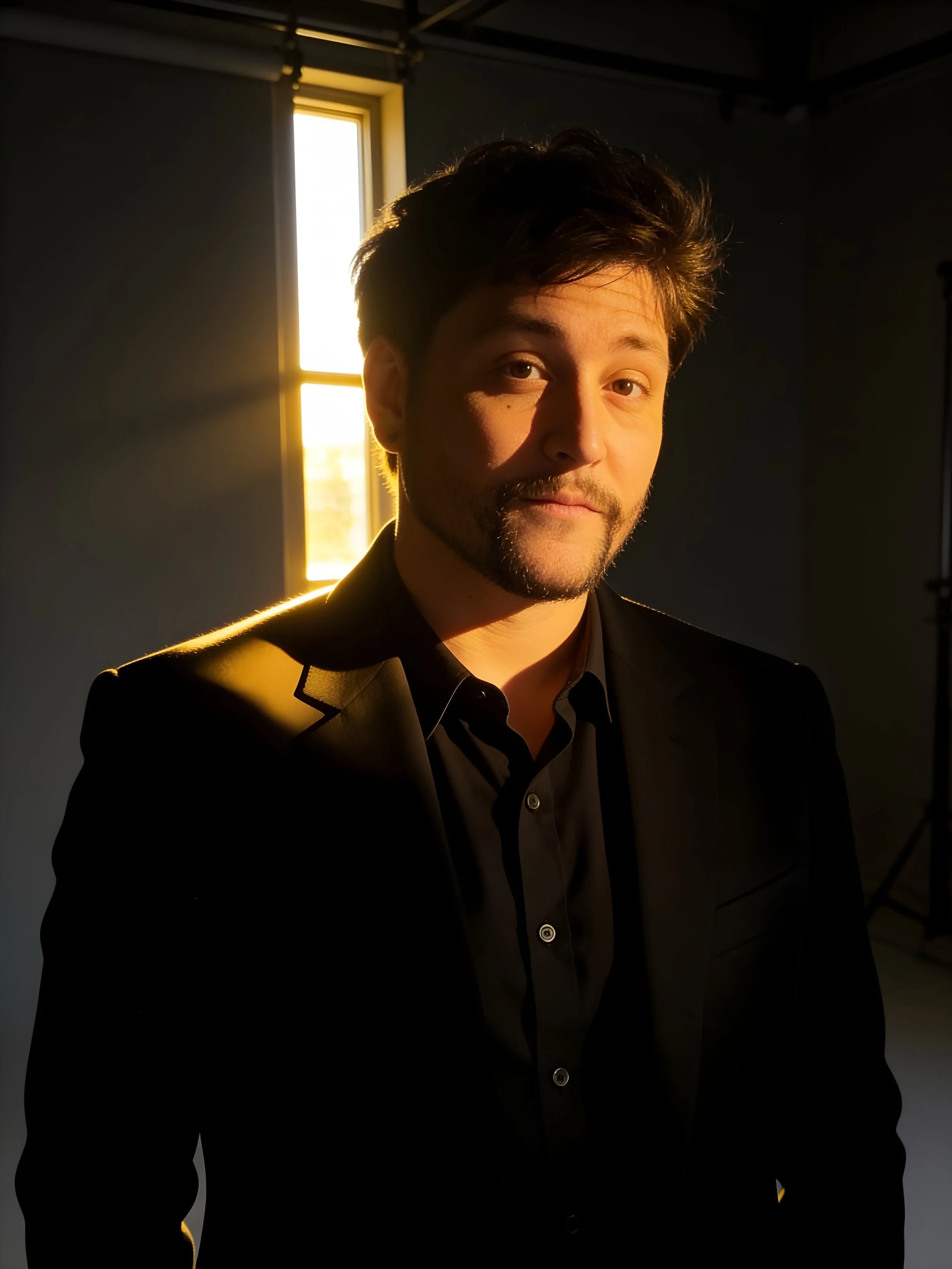A man with dark hair and a light beard wearing a black suit and shirt, standing in front of a window with sunlight streaming in, creating a silhouette effect.