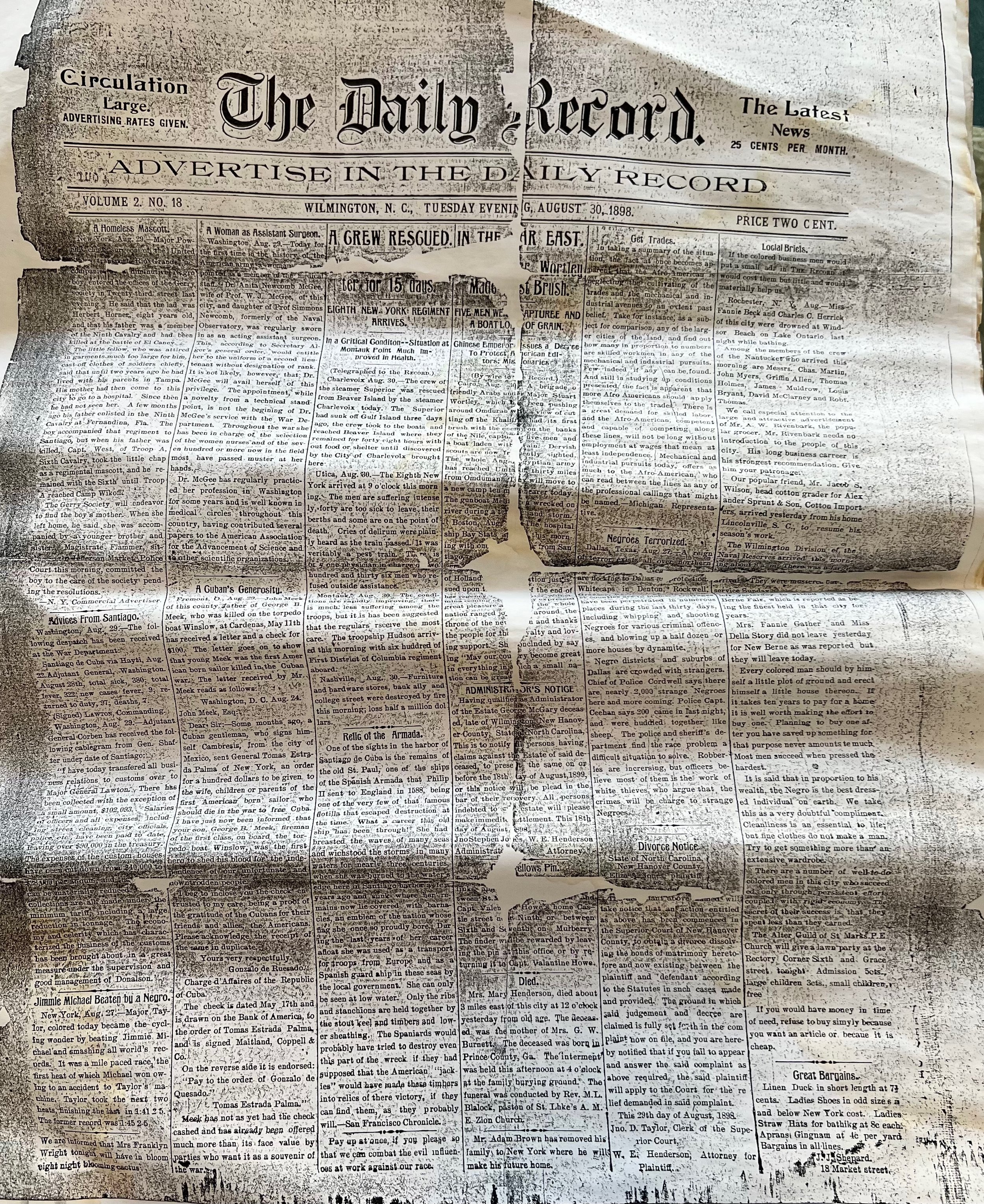  Copy of Alex Manly’s newspaper, “The Daily Record.” Credit: The Wilmington Daily Record Project 
