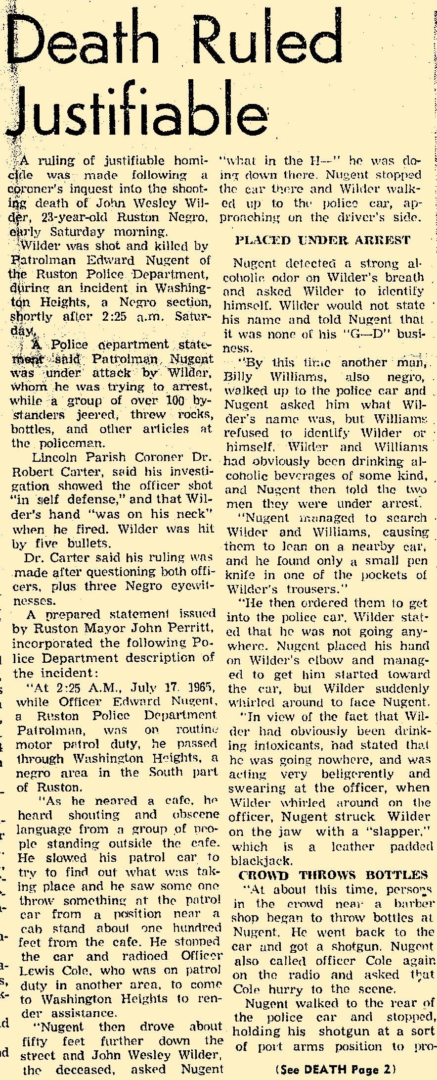  Excerpt from the July 19, 1965 Ruston Daily Leader article on the killing of John Wesley Wilder by Ruston police officer Edward Alton Nugent. 