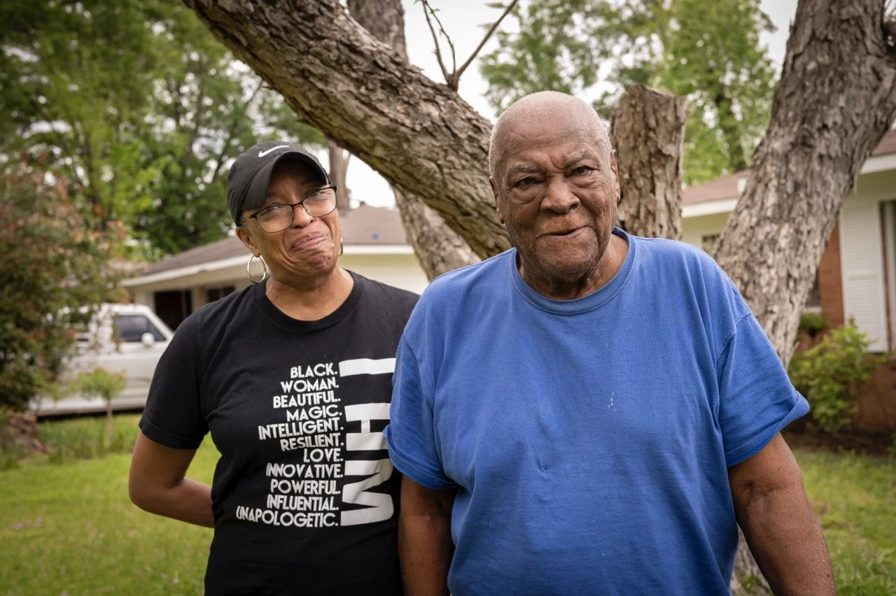  Shedonna Wilder-Martin and Emzie Wilder stand outside Emzie's home in Shreveport, Louisiana in April, 2023. Credit: Ben Greenberg 