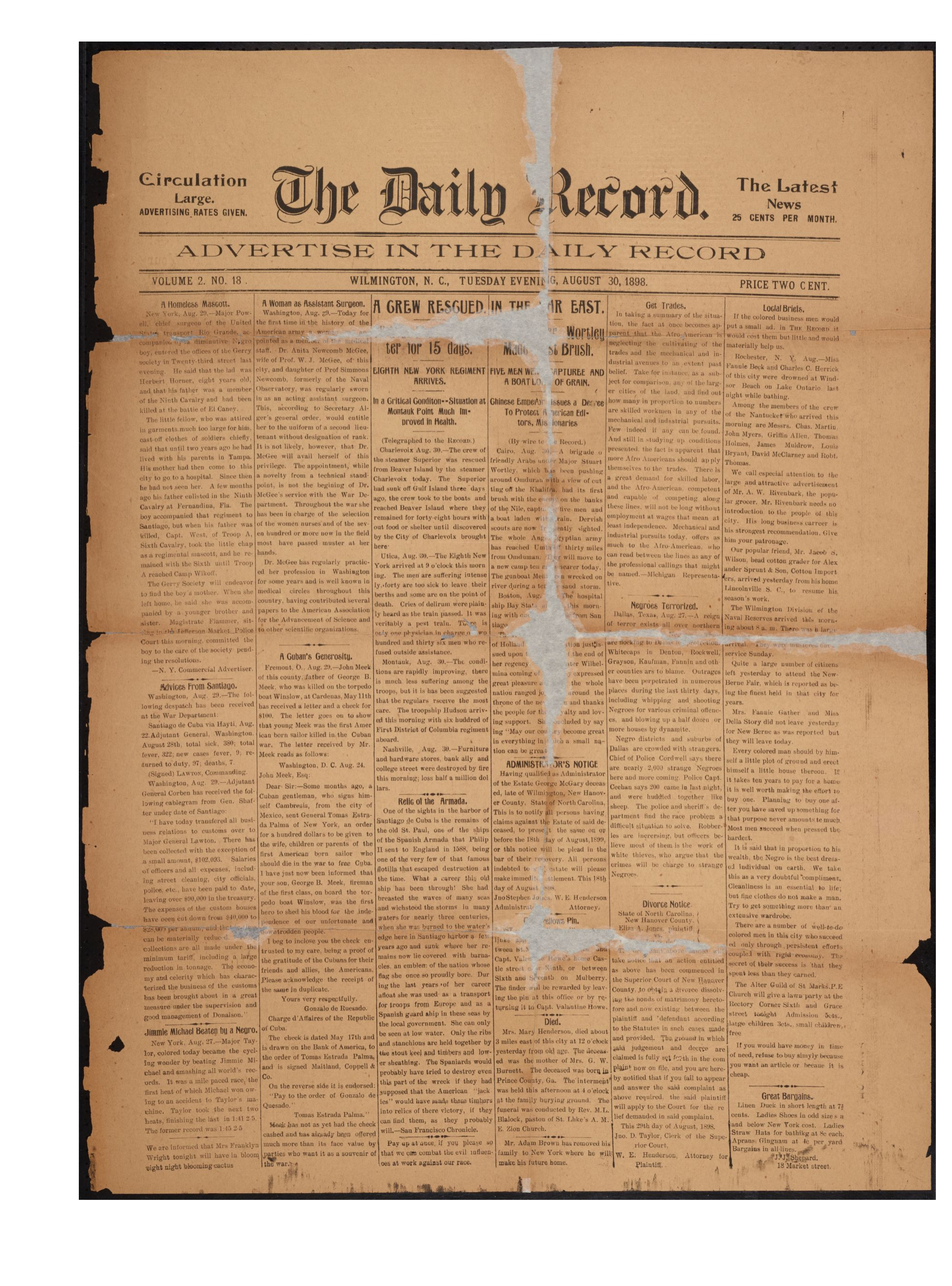  Copy of Alex Manly’s newspaper, “The Daily Record”. Credit: The Wilmington Daily Record Project 