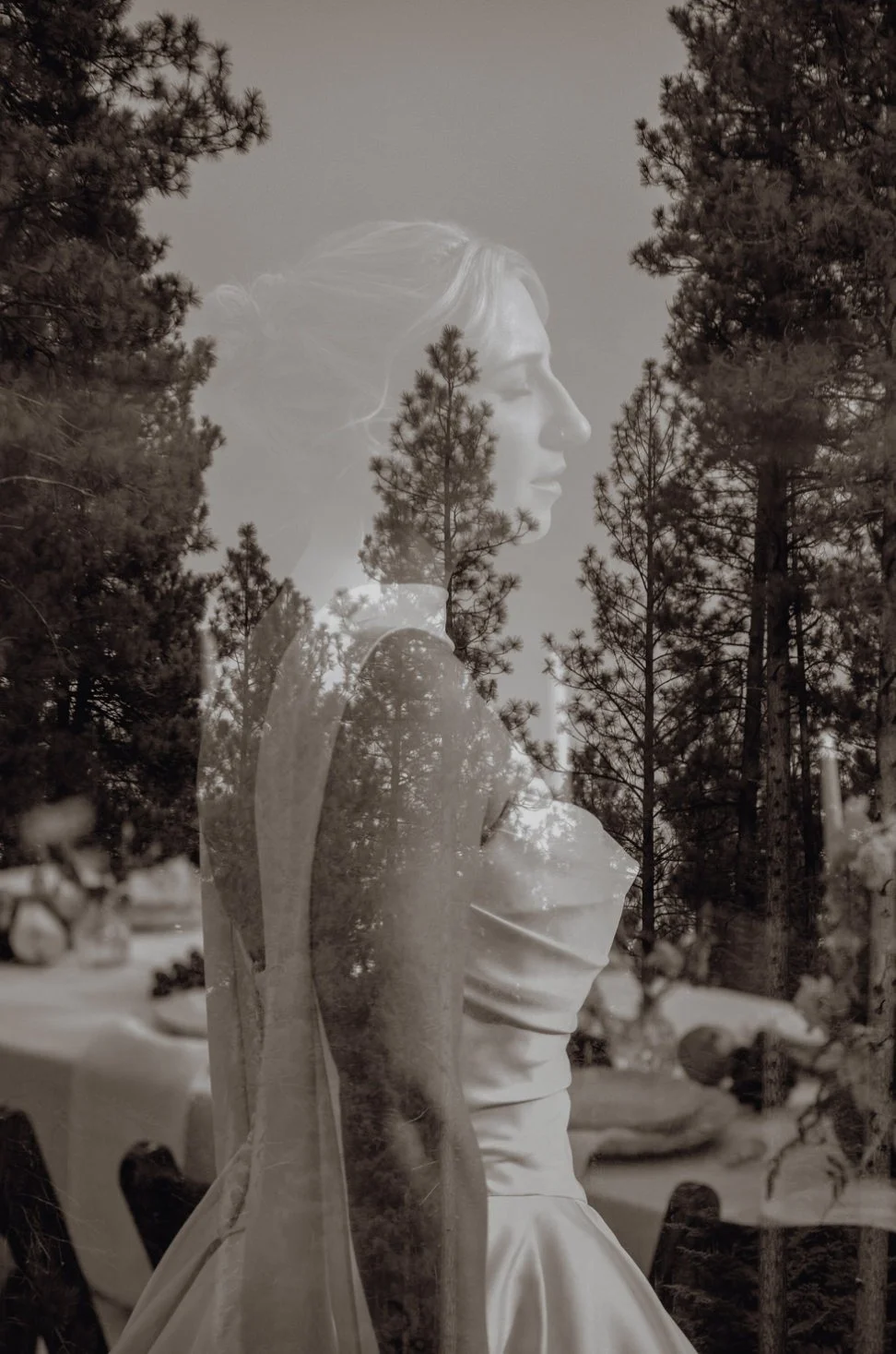 A double exposure photograph featuring a woman's profile with her eyes closed and a forest scene of tall trees overlaid, creating a surreal blend of nature and portrait.