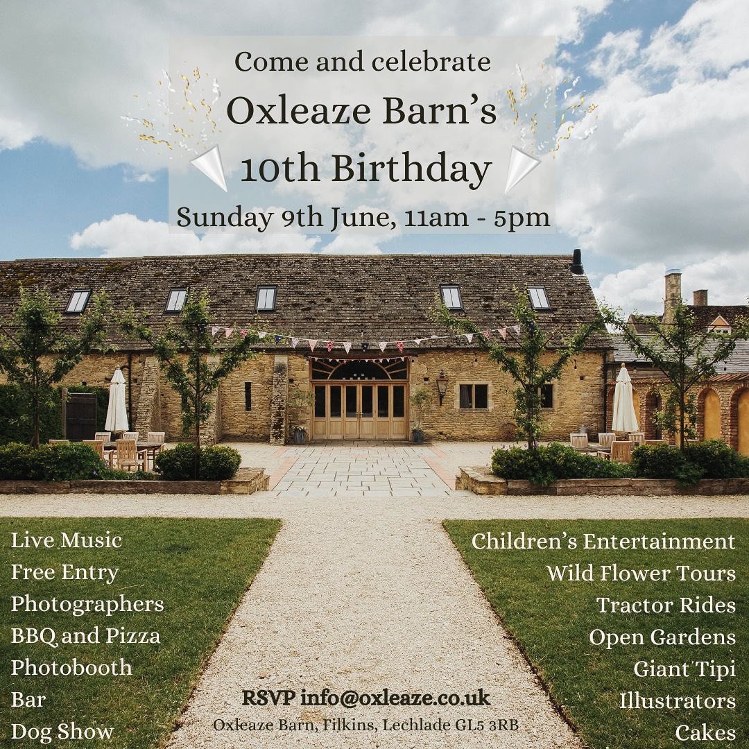 Celebrate 10 years of Oxleaze Barn with us on Sunday 9th June! 🎊 Everyone&rsquo;s invited! We do hope you can join us. Please email info@oxleaze.co.uk to let us know if we&rsquo;ll be seeing you. We do hope so! X😊 

#10thbirthday #10years #celebrat