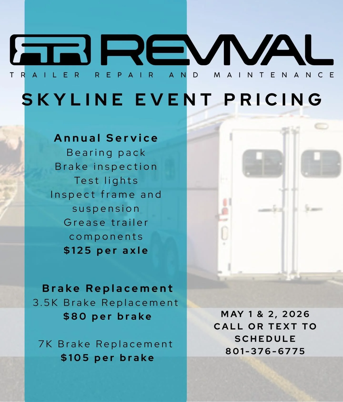 🚐✨ **Get Ready for Skyline Spring HT!** 🎉

Revival Trailer Repair and Maintenance is hitting the show grounds on May 1 &amp; 2 with *special Skyline event pricing*! Whether your trailer needs its annual check-up, you&rsquo;re puzzled by that pesky 
