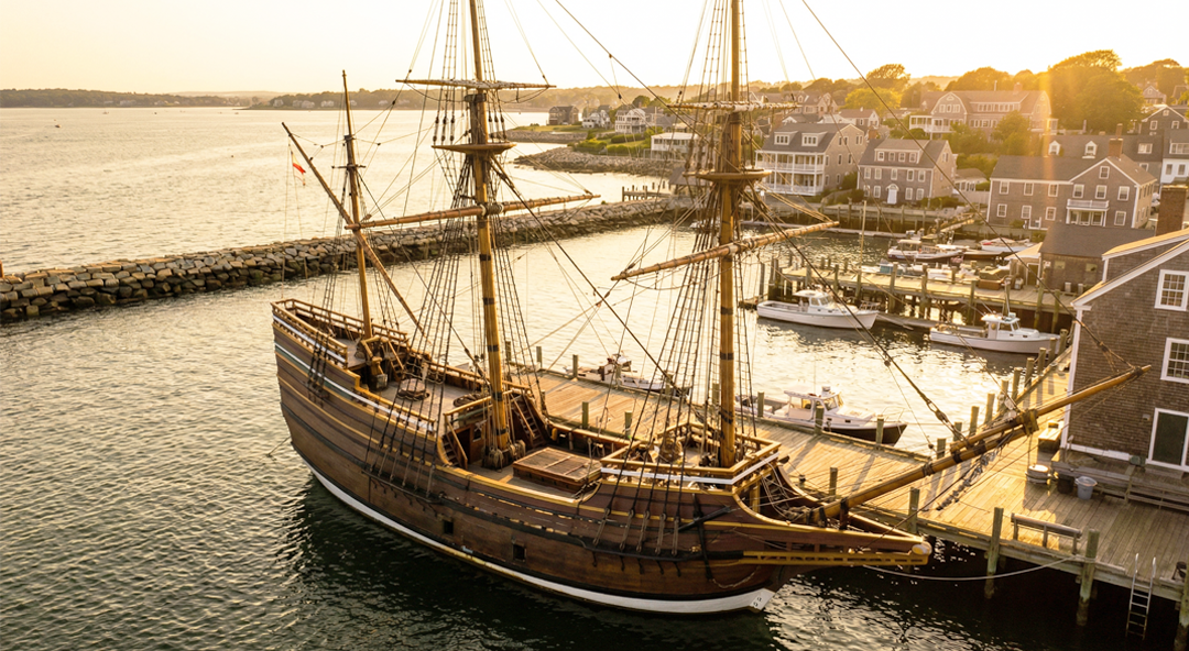 Plymouth Harbor near Mayflower II at sunset in Plymouth, Massachusetts