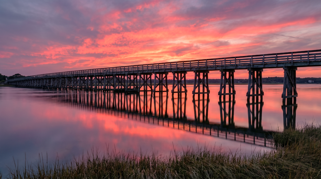 Jones River Landing waterfront in Kingston, Massachusetts at sunset