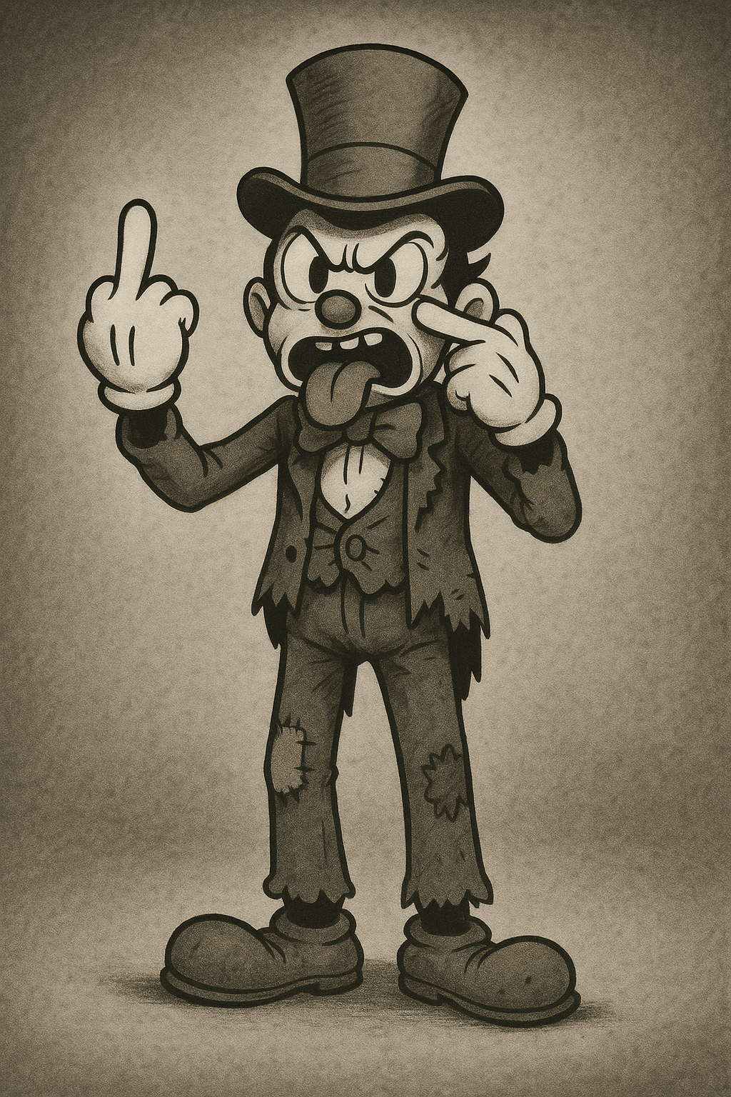 A black-and-white drawing of a cartoon character resembling Mickey Mouse in a tattered suit, wearing a tall top hat, with a stern expression, sticking out his tongue, flipping the bird with his right hand, and pointing to his head with his left hand.