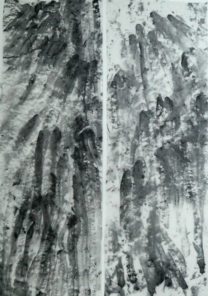 Whispers of the Menhir, Diptych, 46″ x 33″, Graphite on Fabric, 2019