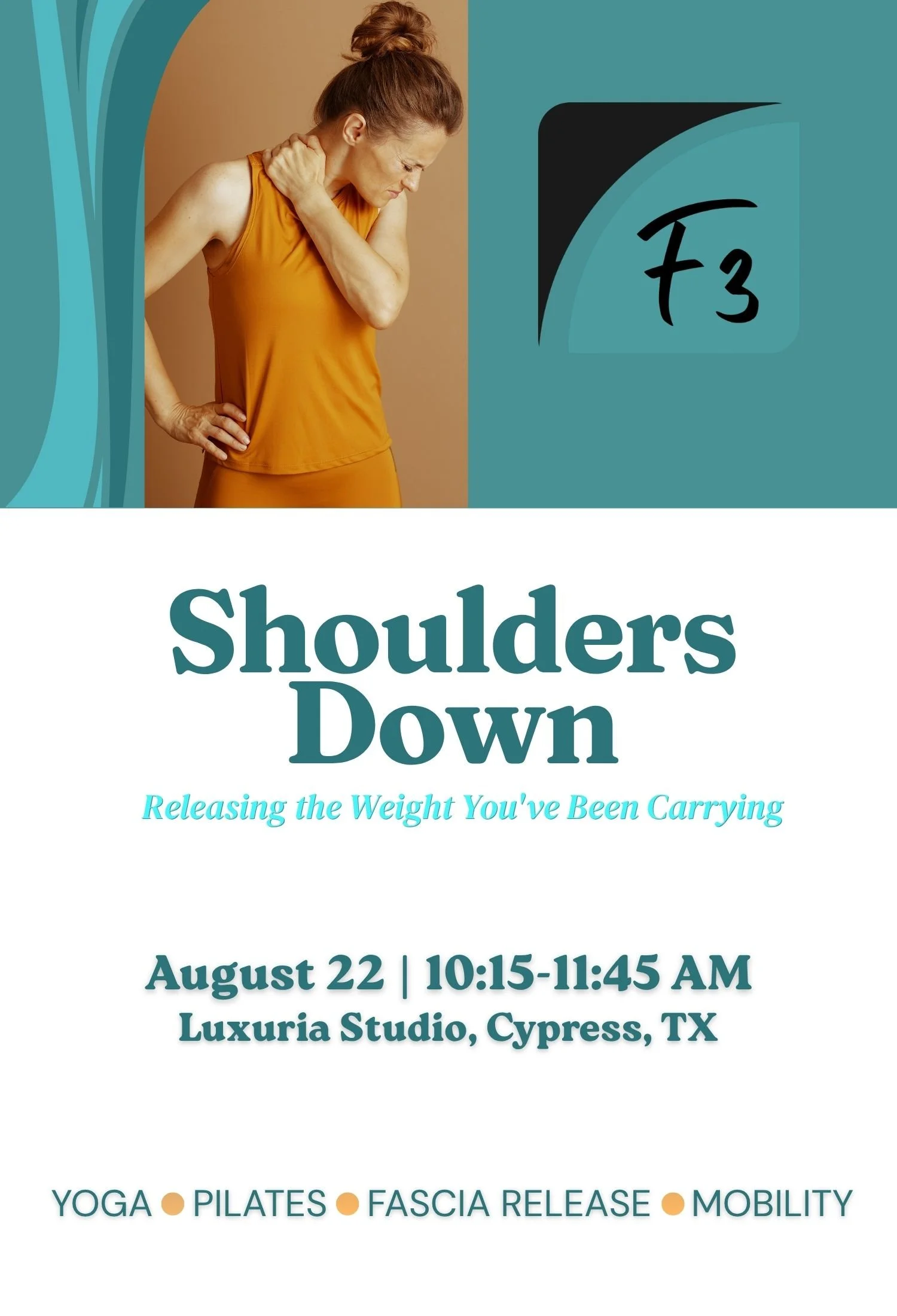 woman in workout clothes grpping her tight neck and shoulders looking for relief
