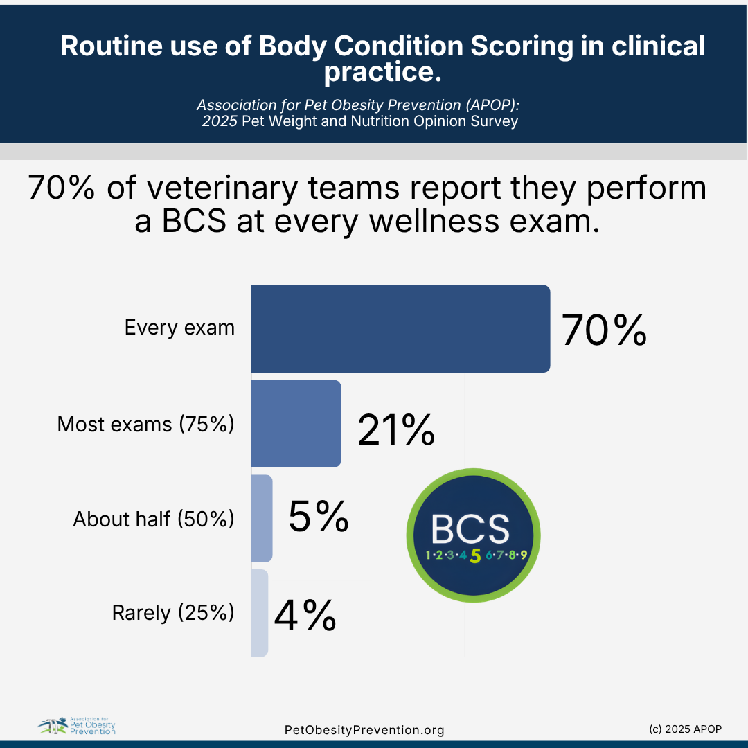 A chart titled 'Routine use of Body Condition Scoring in clinical practice' showing survey results that 70% of veterinary teams perform body condition scoring at every wellness exam, 21% at most exams, 5% about half, and 4% rarely. The chart includes the BPAO logo and a colorful BCS illustration.