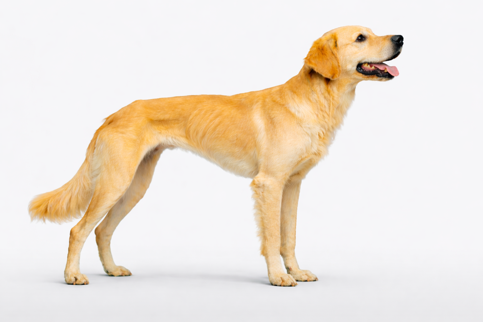 Golden retriever dog standing on a white background, facing right with tongue slightly out.