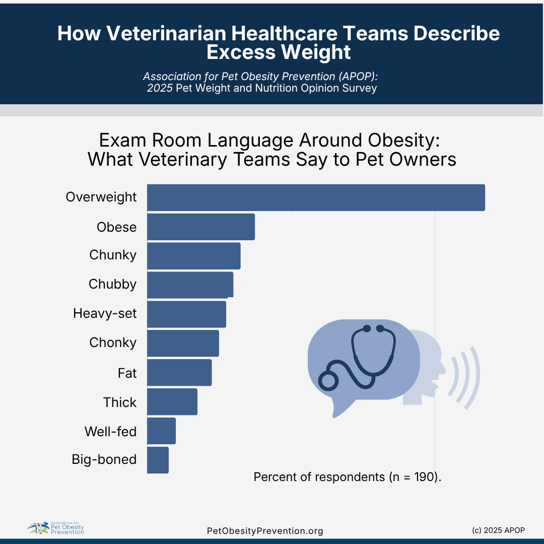 A chart titled 'How Veterinarian Healthcare Teams Describe Excess Weight' showing survey results of veterinarian language around pet obesity. The chart lists terms like 'Overweight', 'Obese', 'Chunky', 'Chubby', 'Heavy-set', 'Chonky', 'Fat', 'Thick', 'Well-fed', and 'Big-boned' along with the percentage of respondents for each. An illustration of a speech bubble with a stethoscope and a profile of a dog's head is on the right. The source is the Association for Pet Obesity Prevention, 2025 Pet Weight and Nutrition Opinion Survey.