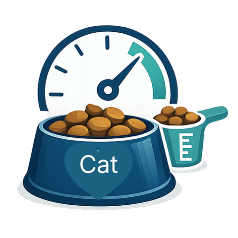A digital illustration of a cat food bowl labeled "Cat" filled with dry cat food, with a measuring cup containing dry cat food beside it, and a clock showing a time near 1:05.