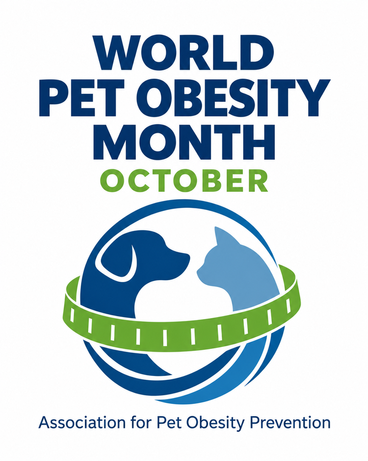 World Pet Obesity Month social graphic announcing October, with dog and cat silhouettes, a green measuring tape, and the Association for Pet Obesity Prevention name.