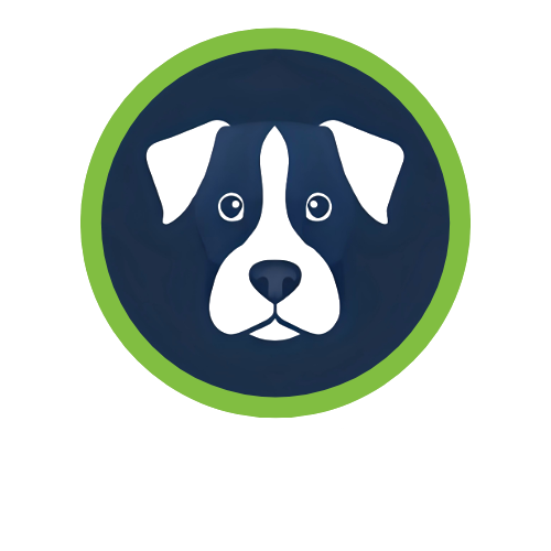 Illustration of a dog's face inside a green circle, with a navy blue background, white ears, and facial features.