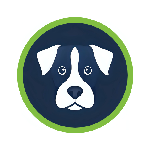 Illustration of a dog's face inside a green circular border with a white background.