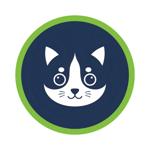 Icon of a stylized cat face inside a blue circle with a green border.