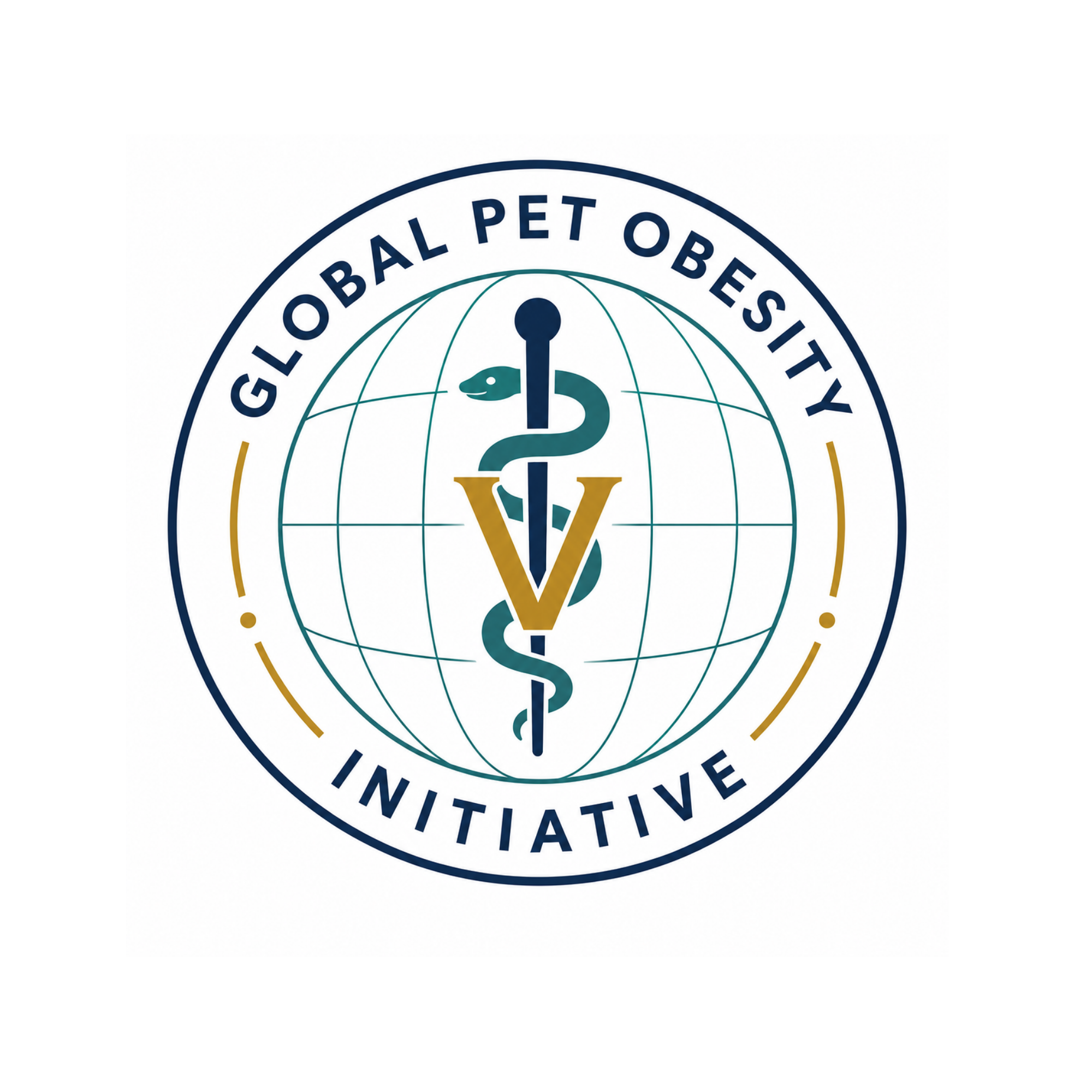 The logo of the Global Pet Obesity Initiative, featuring a globe with a snake intertwined around a staff, similar to the Rod of Asclepius, with the text "Global Pet Obesity Initiative" encircling it.