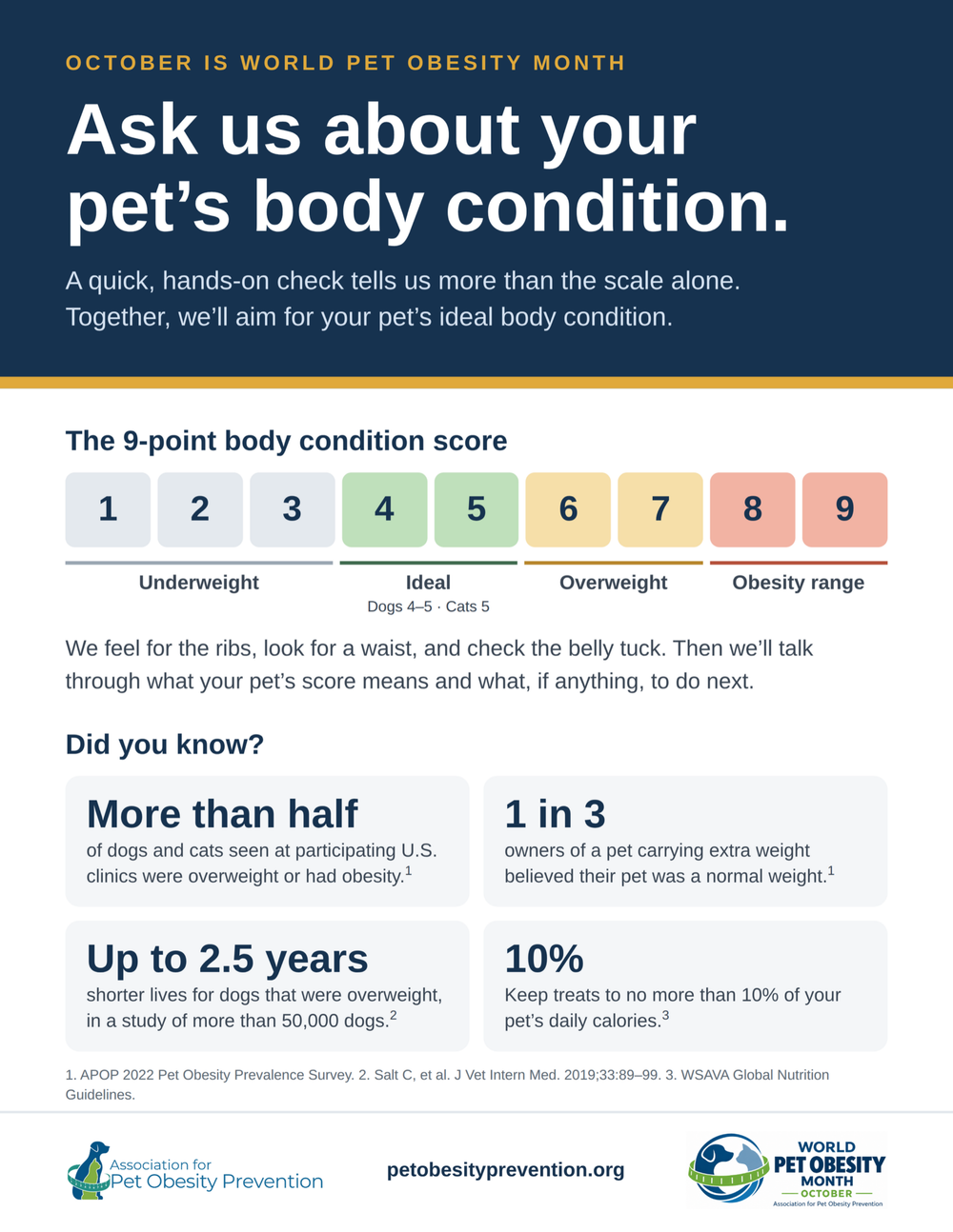 World Pet Obesity Month clinic poster with pet obesity facts and a prompt to ask the veterinary team about body condition